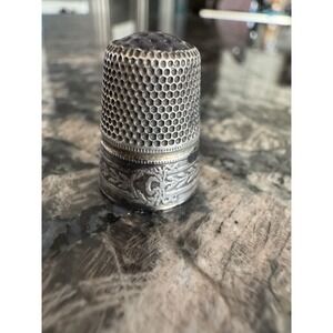 Antique Sterling Silver Thimble- Floral & Amethyst Topped Design Vintage